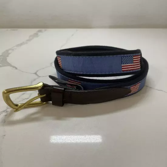 VINEYARD VINES Men's NAVY Leather Trim CANVAS AMERICAN FLAG PATRIOT BELT Size 40