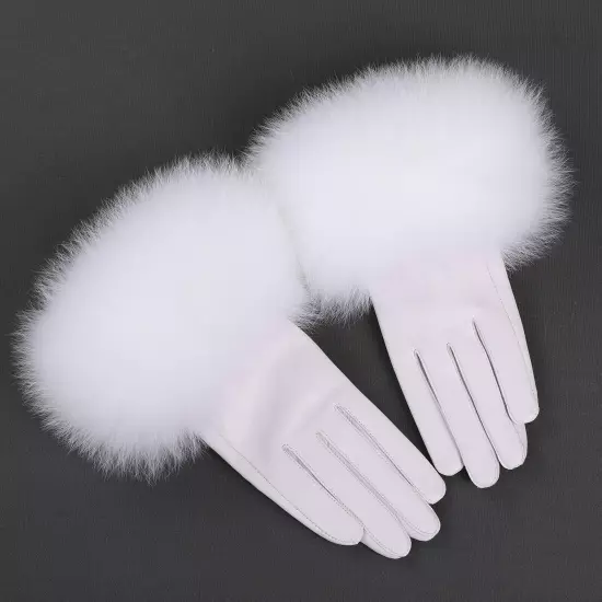 Women Genuine Lambskin Leather Gloves With Real Fox Fur Trim Cuff Winter Warm