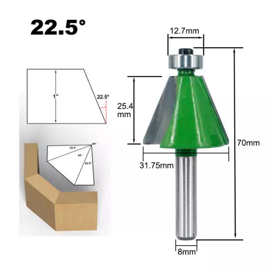 8mm Shank 15° 22.5° 30° Chamfer and Bevel Edging Router Bit GREEN 3PCS Set