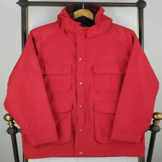 VTG WOOLRICH Size Medium Womens USA Made Red Wool Lined Hooded Field Jacket Coat