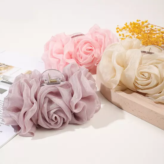 Large Chiffon Rose Flower Bow Hair Claw Jaw Clips For Women Hair Clamps•