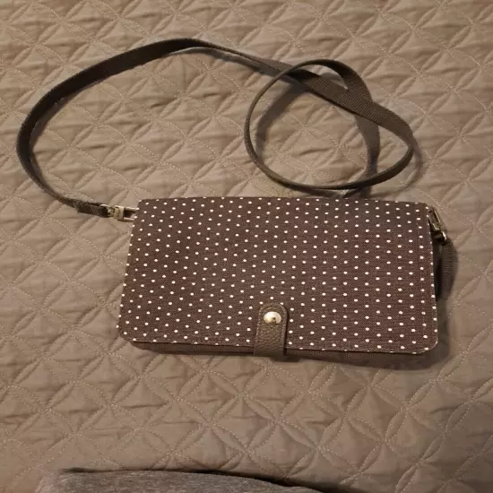 Thirty One Double Up Crossbody Purse Gray White Polka Dot Turquoise Lining