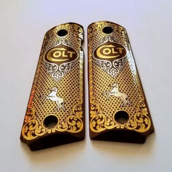 COLT 1911 custom engraved wood grips gold silver rampant horse logo Scroll #2