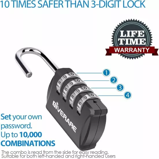 GIVERARE 4 Pack Combination Lock, 4-Digit Padlock Keyless, Resettable Luggage 