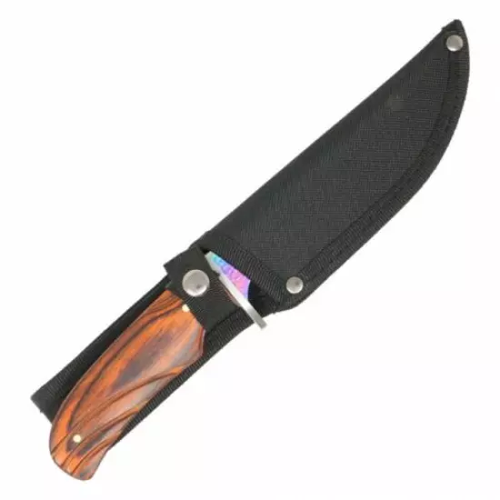 BUCKSHOT RAINBOW FULL TANG HUNTING KNIFE W/ ETCHED DESIGN AND WOOD HANDLE 10"