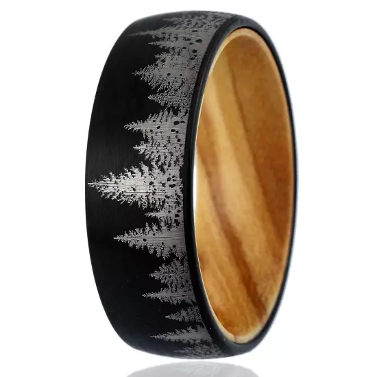 8mm Tungsten Carbide Men's Black Forest Tree Scene Olive Wood Wedding Band Ring