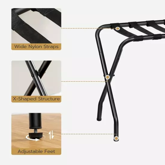 Luggage Rack Pack of 2 Black Metal Foldable Suitcase Stand for Guest Room, Steel