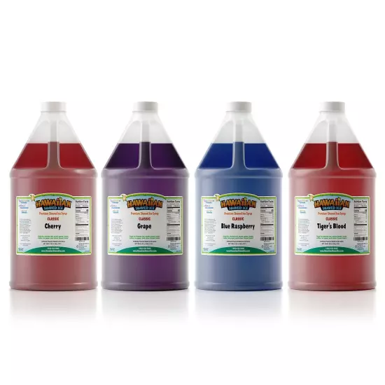 Ice Syrup Gallon 4-pack, Cherry, Grape, Blue Raspberry & Tiger’s Blood,Slushies