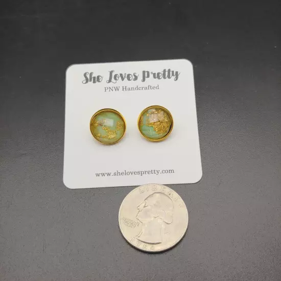 Handcrafted Green & Gold Plated Stud Post Earrings - Small Round Faceted Sparkly