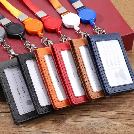 Leather ID Holders Case PU Business Badge Card Holder with Neck Strap Lanyard Ⓗ