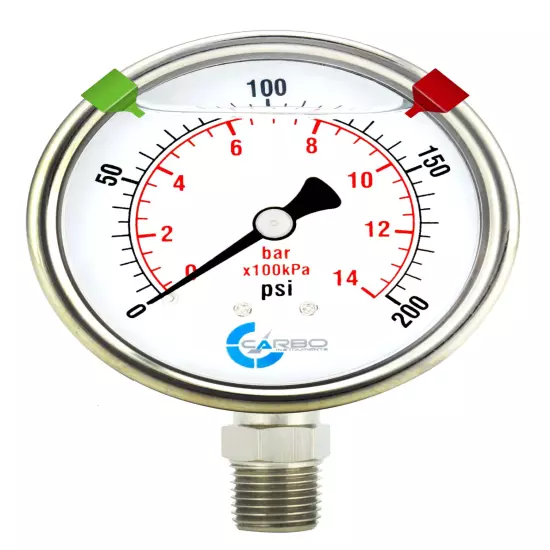 2-1/2" Pressure Gauge, Stainless Steel Case, Liquid Filled, Lower Mnt 200 PSI