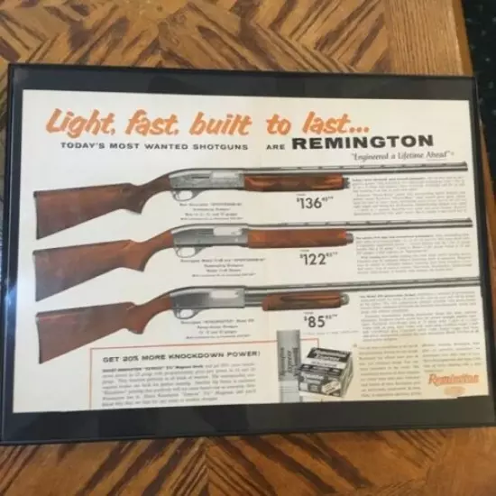 VINTAGE Remington Shotgun add from the 50s 12x16" framed great pics and specs