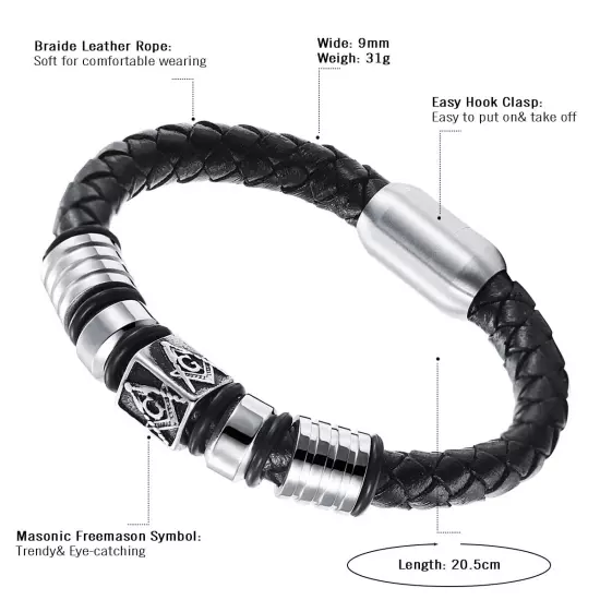 Men's Braided Leather Free-Mason Masonic Bead Magnetic Bracelet Cuff Bangle