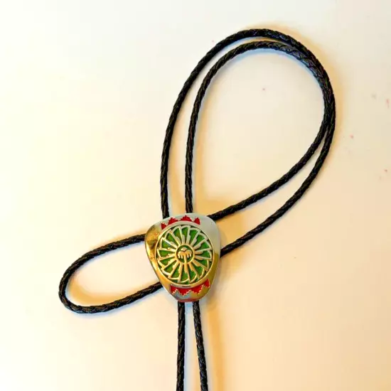 Vtg Southwestern Bolo Tie Signed ADM Country Western Cowboy Necktie Leather Cord