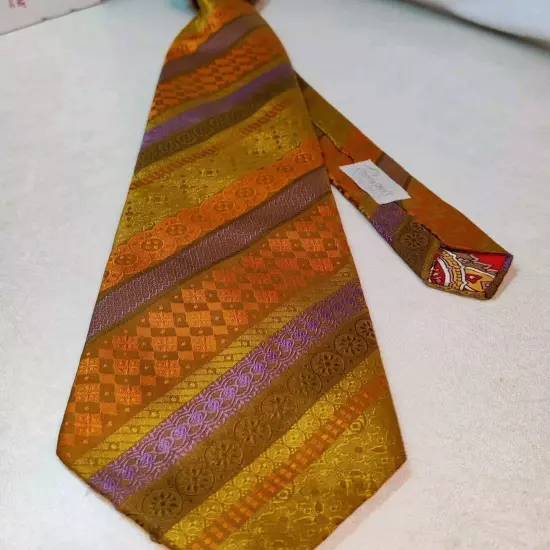 Vtg BJE Ernst Tie Orange Gold Brown Stripes Paisley Robinsons Union Made 54"