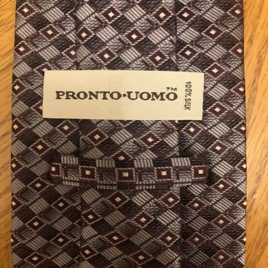 Pronto Uomo Silk Tie, Brown Black Gray & White Geometric Design 