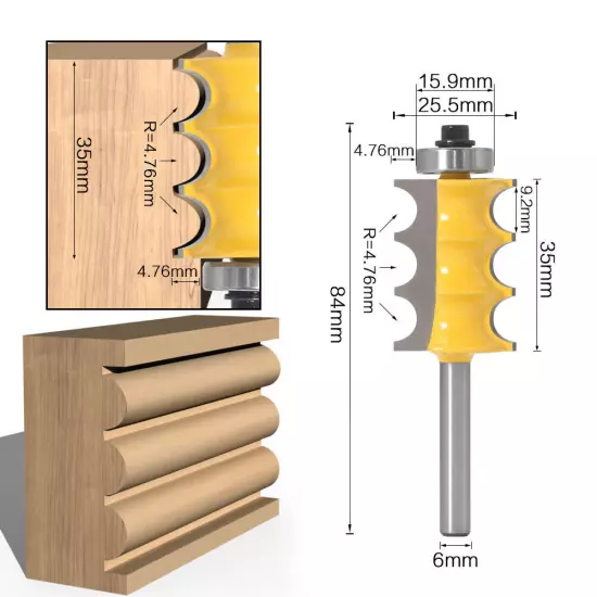 1/4" 6mm Shank Triple Bead Furniture Trim Edge Moulding Router Bit Cutter