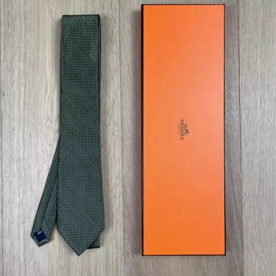 Hermes Dress Tie Silk Army Green With Box Logo Pattern Event Designer Authentic