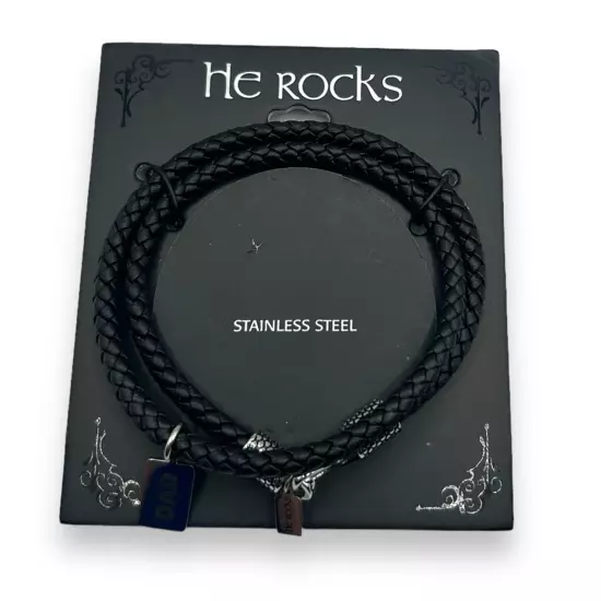 NWT He Rocks Men's Stainless Steel Dad Leather Wrap Bracelet in Black NEW