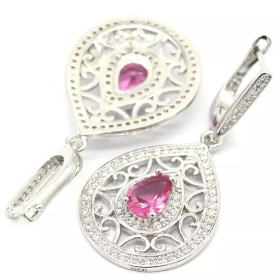 Charming Pink Tourmaline White CZ For Women Daily Wear Silver Earrings