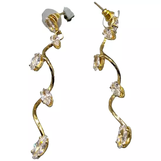 Pierced Sparkly Shimmering Rhinestones Leaf Shaped Dangle Earrings Gold Tone