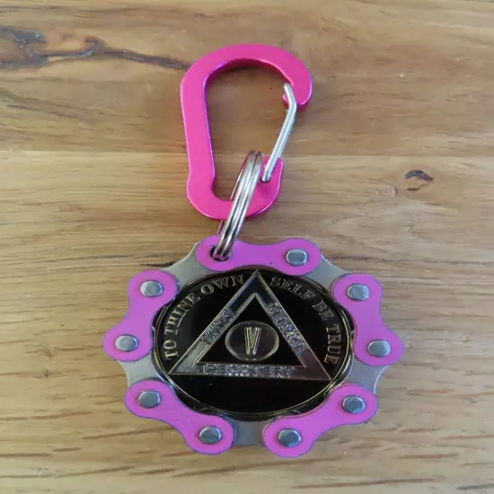 AA Key Chain Chip Holder Keyring Pink w/ Carabiner Alcoholics Anonymous Women's