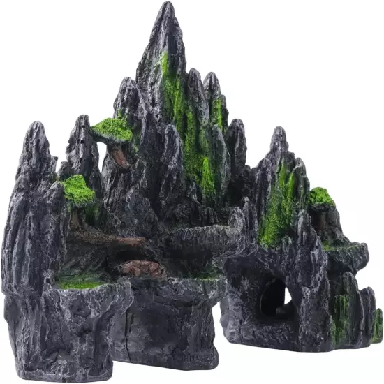 Mountain View Aquarium Ornament with Tree House Cave Bridge Resin