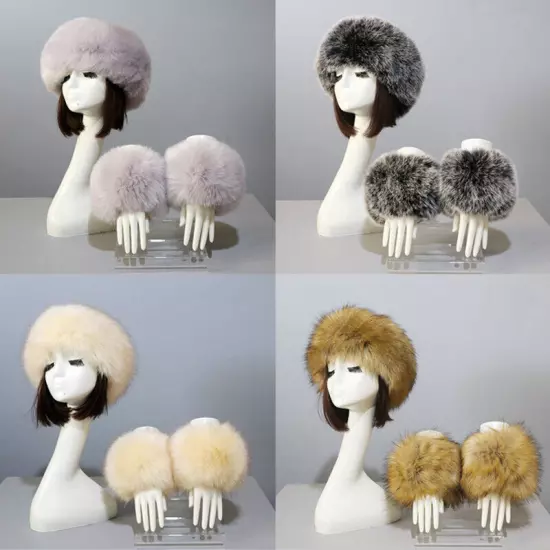 Women Wam Faux Fur Hat Cuff Set Winter Warmer Hat Arm Wrist Sleeve Gloves