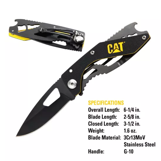 Cat 6-1/4 Inch Folding Skeleton Knife with Bottle Opener and Black Blade -