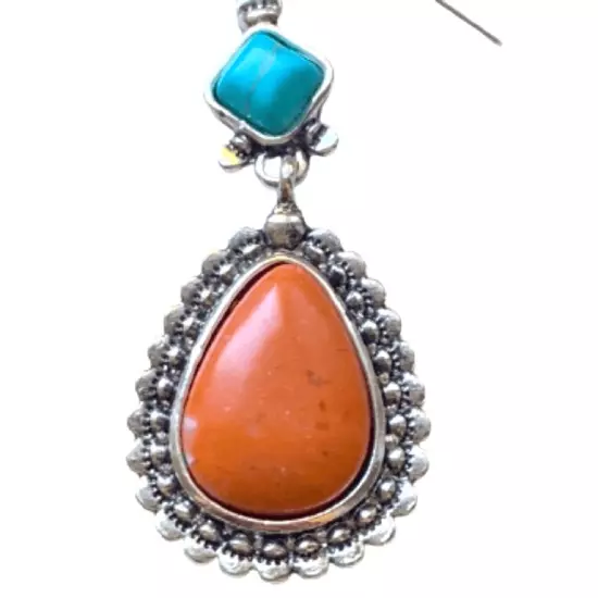 Native American Style Faux Turquoise & Coral Silver Teardrop Navajo Earrings NEW