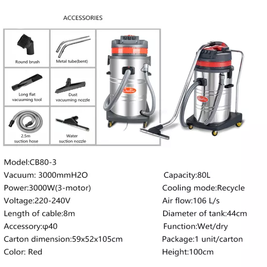 High Quality 3-motor 3000W 80L Wet Dry Industrial Vacuum Cleaner with EU Plug