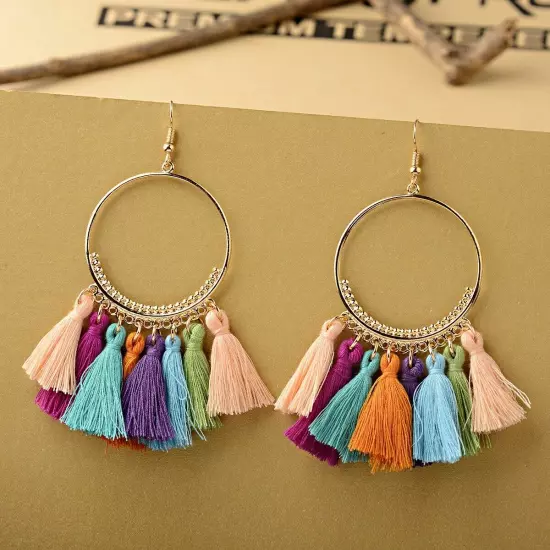 Fashion Women Bohemian Earrings Long Tassel Fringe Drop Dangle Ear Stud Jewelry