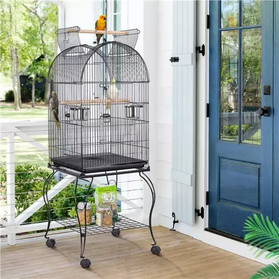 Metal Rolling Bird Cage with 2 Feeders and 2 Wooden Perches, Black