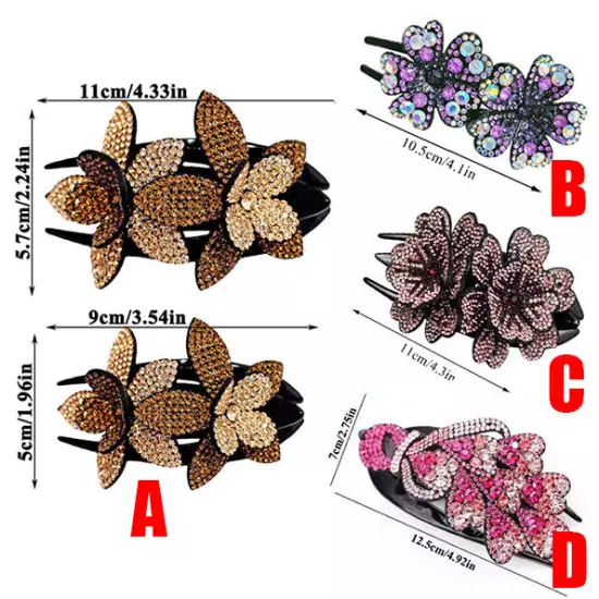 Ladies Rhinestone Double Flower Hair Clip Barrettes Crystal Comb Large Catch 1x-