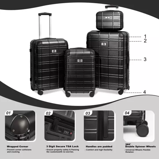 4pcs Luggage Hardside Lightweight Durable Spinner Wheels Suitcase12/20/24/28"