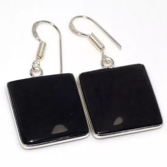 925 Silver Plated Black Obsidian Ethnic Earrings Handmade Jewelry Size 1.6" GW