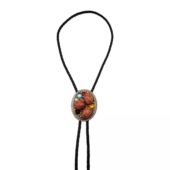 Faux Gemstone Art Glass Bolo Tie Black Braided Cord 36" L Lariat Western Jewelry