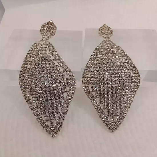 Large Silver Tone Rhinestone Dangle Pierced Earrings