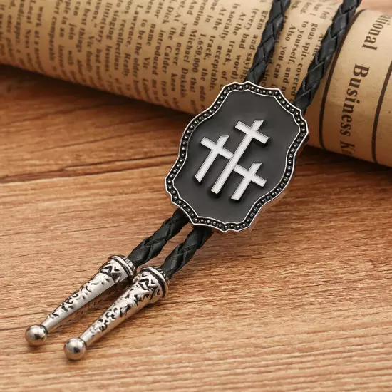 Mens BOLO Tie Vintage Cross Drip Necklace Wedding Alloy PU Rope Western Cowboy