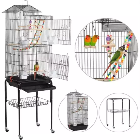 62" Large Bird Cage | Play Top Parrot Finch Cage Pet Supply Easy Assemble w/Toys