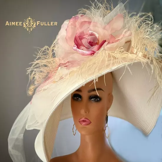 Kentucky Derby Hat Black White Organza Pale Pink Rose Flower Royal Ascot Del Mar