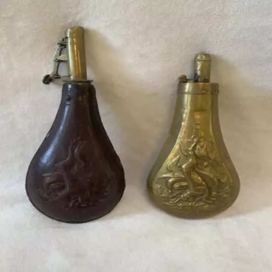 Set Of 2 Antique Brass & Leather Hunting Powder Horn Flask Rabbit Hare Pheasants