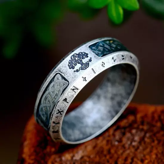 Vintage Viking Runes Celtic Knot Tree of Life Ring Stainless Steel Wedding Band