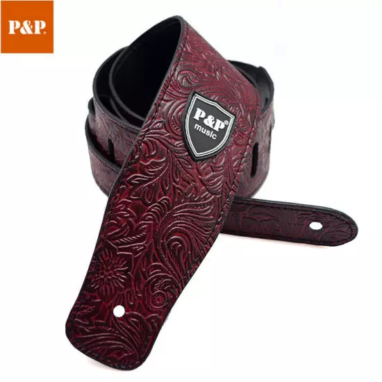 Embossed Leather Adjustable Guitar Strap for Electric Acoustic and Bass Guitar