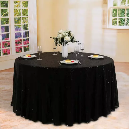 Trlyc Round Sequin Tablecloth - 108" Black Sparkly Table Cloths for Party Wed...