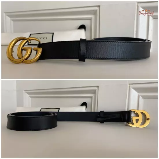 Authentic Gucci Black Calfskin Leather Gold Double G Buckle Slim Belt 80/32