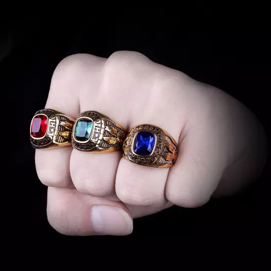 Stainless Steel Men Rings Rhinestone High School Eagle Punk Red Blue Green Stone