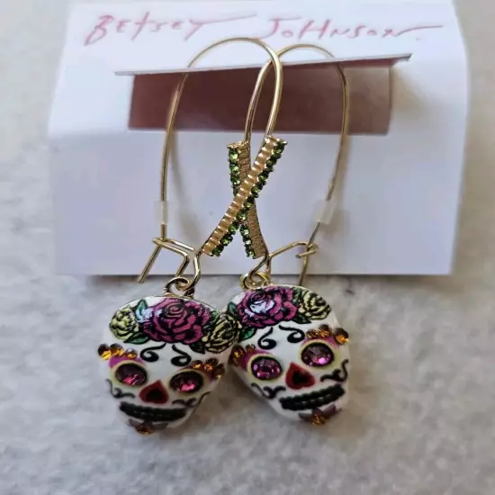 Betsey Johnson Stone Sugar Skull Dangle Earrings.