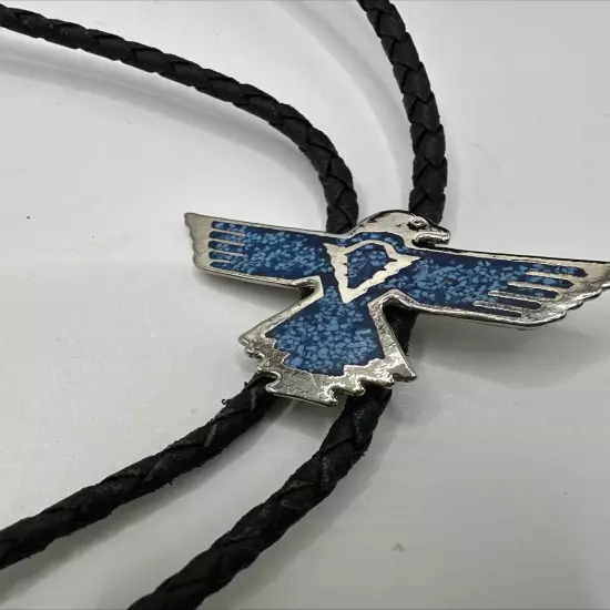 Vintage Bolo Tie Eagle With Crushed Turquoise Inlay Silver Tone Black Cord