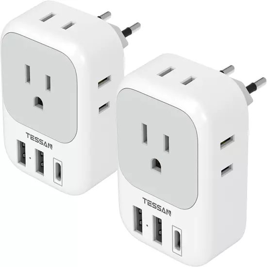 2 Pack European Travel Plug Adapter USB C, TESSAN US to Europe Plug Adapter with